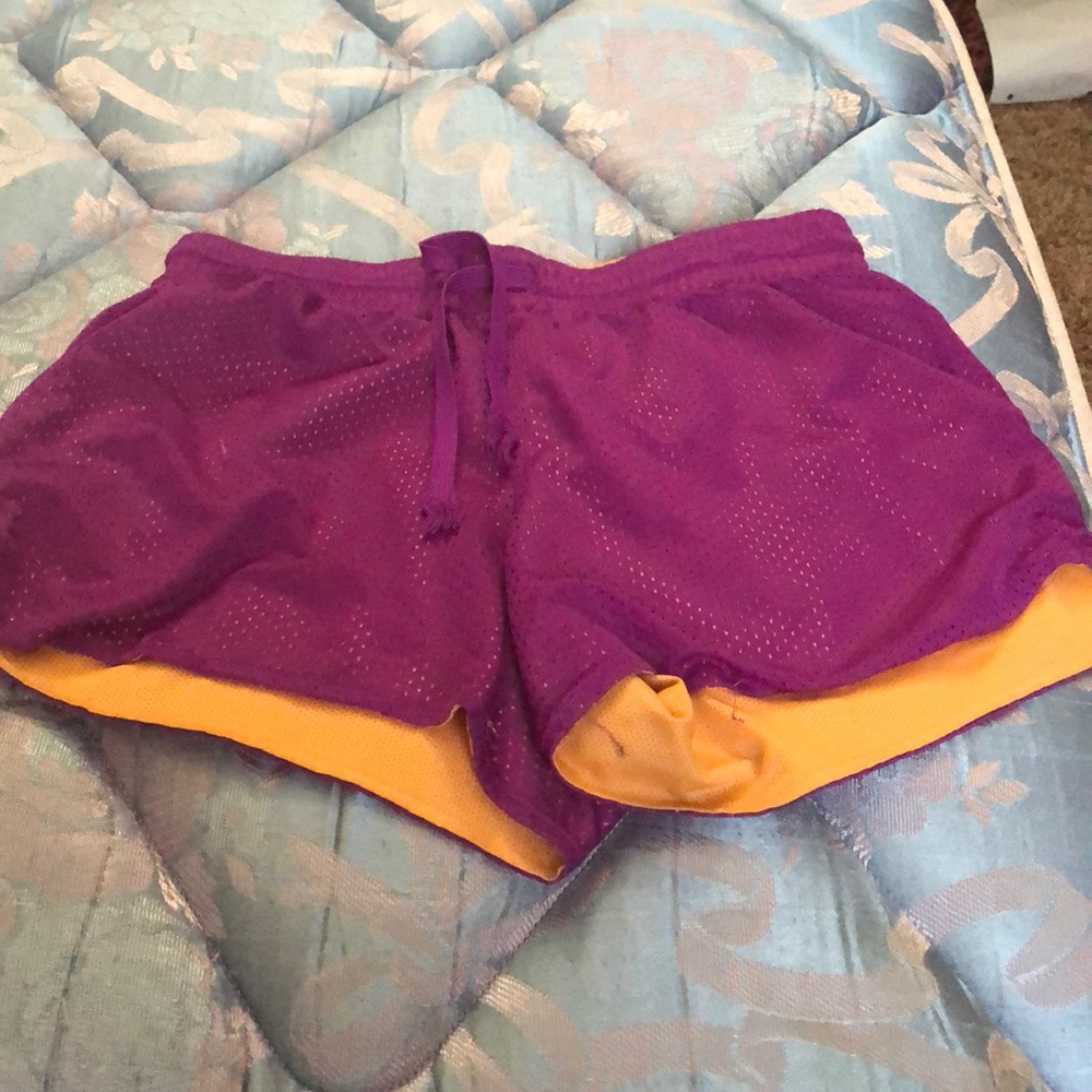 Orange and purple athletic shorts!